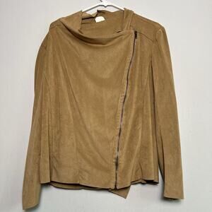 Mote Womens Tan Khaki Faux Suede Draped Full Zip Stretch Moto Jacket XXL Brown